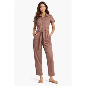 Pact Utility Jumpsuit Organic Cotton Wom XS Belted Cropped Wide Leg Short Sleeve